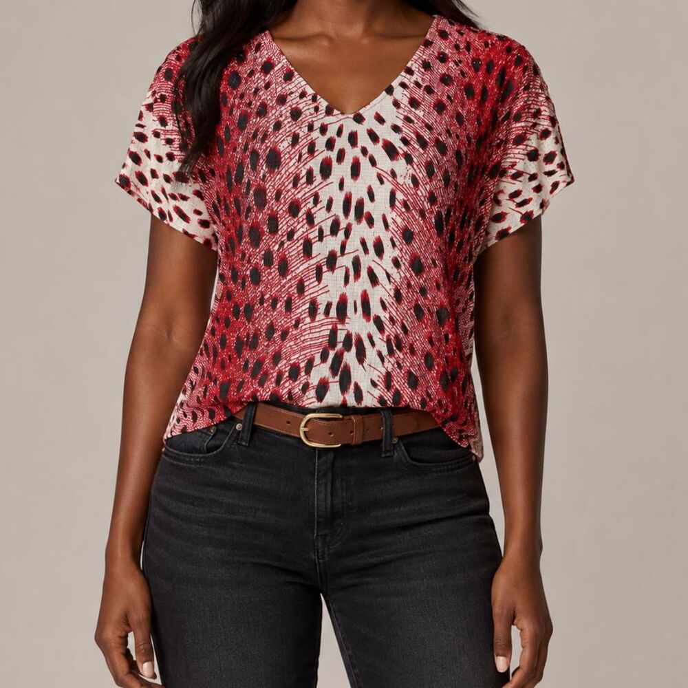 Vintage Y2K 90s Red Black Leopard Print V Neck Top Medium